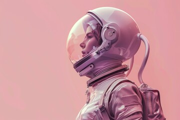 side view of a woman in a modern astronaut suit and helmet against a pink background