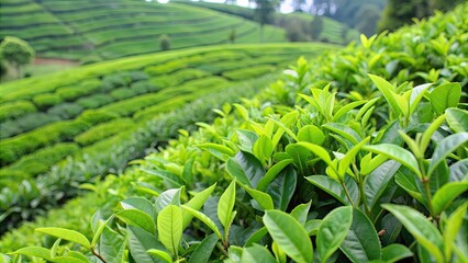 Wall Mural - Close up view of a lush tea garden with rows of green tea plants , tea, garden, landscape, close up, plants, farming