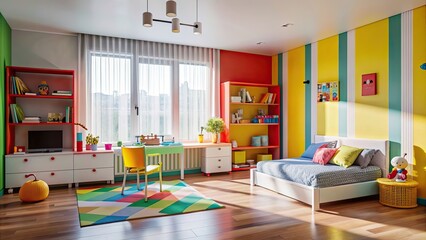 Sticker - Modern kid's room with bright colors and funky furniture, modern, kid's room, bright, colors, funky, furniture