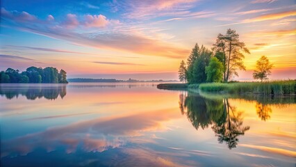 Canvas Print - Tranquil landscape at sunrise with soft pastel colors reflecting on calm water, serenity, dawn, tranquil, sunrise, peaceful