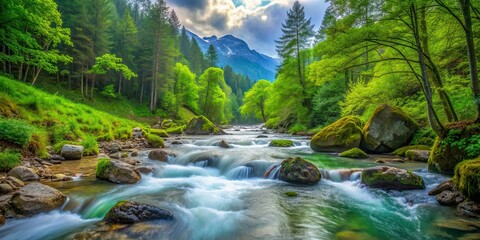 Wall Mural - Crystal clear mountain spring flowing through lush green forest , Nature, water, fresh, clean, pure, stream, waterfall