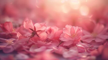 Wall Mural - Close-up of soft pink flower petals bathed in warm light, creating a delicate and romantic floral scene.