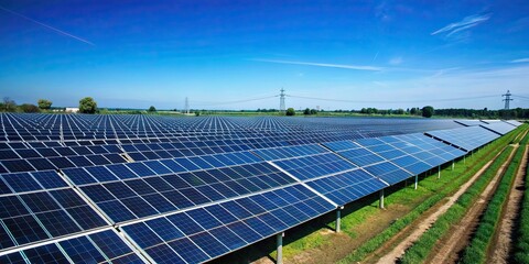 Wall Mural - An expansive solar power plant farm with rows of solar panels under a clear blue sky