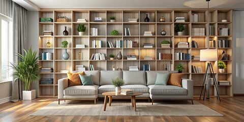 Sticker - Modern living room with stylish book shelves and comfortable couch, modern, living room, interior, book shelves