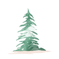 Wall Mural - Green watercolor decorative christmas tree with snow vector illustration. 