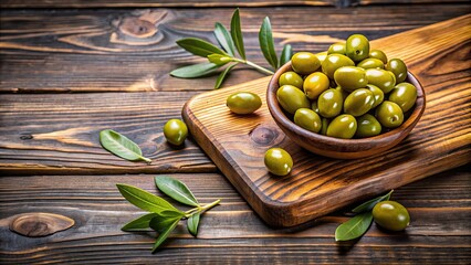 Wall Mural - Green olives on a wooden board , food, Spanish, Mediterranean, healthy, organic, fresh, appetizer, pickled, brine