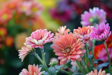 Canvas Print - Closeup of vivid chrysanthemum flowers, showcasing their beauty in a lush garden