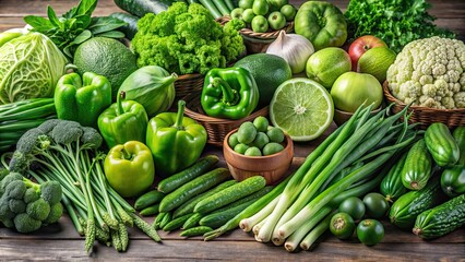 Sticker - Fresh assortment of green fruits and vegetables on display, green, fresh, fruits, vegetables, healthy, organic, produce