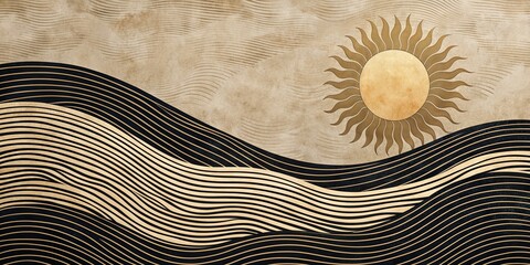 Canvas Print - Elegant minimalist black and beige abstract sun and wave patterns with textured background, minimalist, elegant, abstract, sun