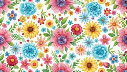 Poster - Seamless pattern with colorful flowers on a white background, floral, nature, repetitive, design, vibrant, seamless