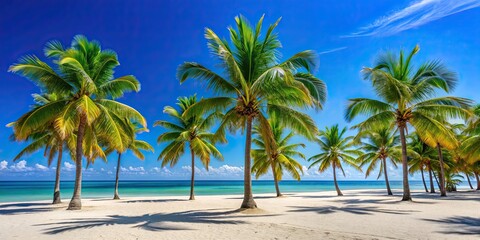 Poster - Tropical palm trees lining sandy beach with clear blue sky in the background, palms, beach, sand, tropical, tree, ocean