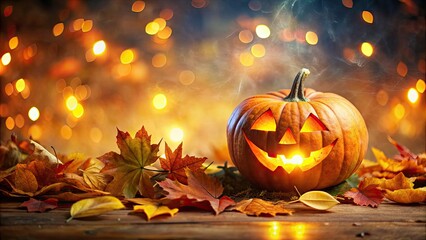 Wall Mural - Spooky Halloween background featuring a glowing pumpkin surrounded by autumn leaves, pumpkin, Halloween, spooky