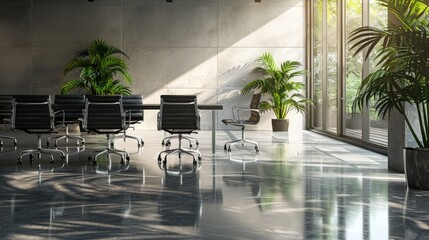 Nobody in the modern and elegant empty company office interior with black chairs and mat black metal table sitting on a shiny gray floor with tropical plants, seminar conference meeting boardroom