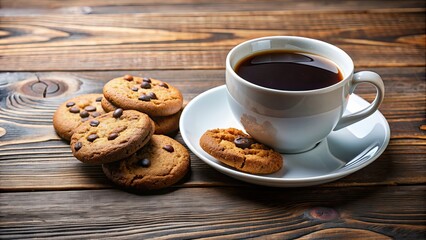 Poster - A cup of freshly brewed coffee with a plate of delicious cookies , coffee, cookies, morning, breakfast, snack, caffeine