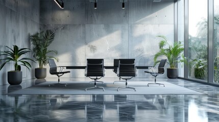 Nobody in the modern and elegant empty company office interior with black chairs and mat black metal table sitting on a shiny gray floor with tropical plants, seminar conference meeting boardroom