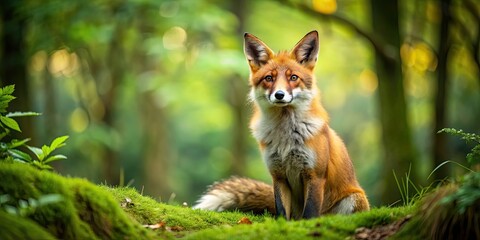 Sticker - Red fox sitting in a lush green forest , wildlife, animal, nature, red fox, forest, wilderness, mammal, trees