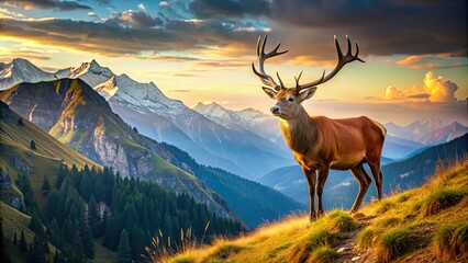 Sticker - Majestic deer grazing in the scenic mountain landscape, wildlife, nature, mammal, wilderness, antlers