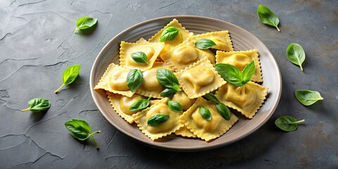 Canvas Print - Plate of delicious ravioli topped with fresh basil leaves , Food, Italian cuisine, Pasta, Gourmet, Restaurant, Culinary, Meal