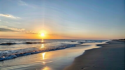 Sticker - Sunset casting warm light over a tranquil beach scene, sunset, beach, tranquil, scenic, nature, horizon, sun, water, waves