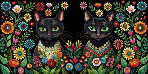 Canvas Print - Folk art style painting of two black cats surrounded by flowers on a black background, painting, folk art, black cats