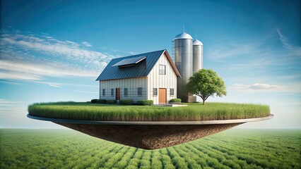 Poster - Minimalistic of a modern farm on a levitating base, farm, modern, minimalist,levitation, agriculture, rural, technology