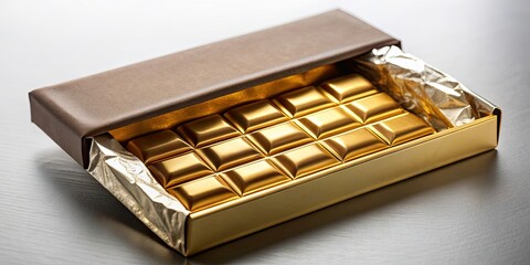 Poster - Delicious chocolate bar wrapped in golden foil inside a luxury box, chocolate, bar, dessert, sweet, indulgence, gourmet