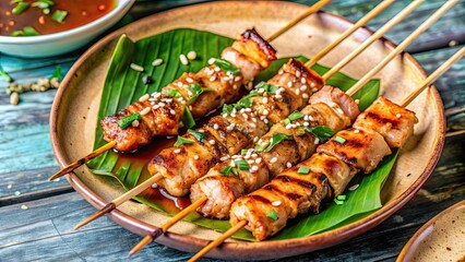 Sticker - Close-up of delicious Kurikara-yaki skewers topped with savory sauce and served on a plate