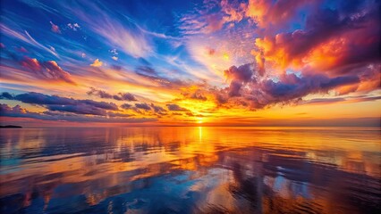 Wall Mural - Vibrant sunset sky reflecting on calm sea, sunset, sea, ocean, horizon, water, reflection, dusk, twilight, vibrant, peaceful