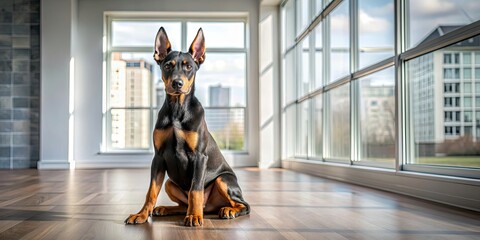 Poster - Doberman puppy sitting on modern apartment floor, Doberman, puppy, dog, pet, sitting, modern, apartment, floor, adorable, cute