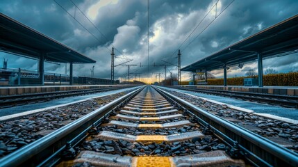 Poster - A railway station platform with empty tracks extending into the distance under dramatic clouds.