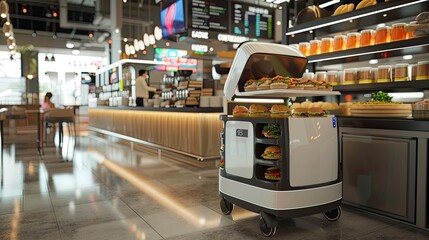 An autonomous robot in the restaurant delivers food to the tables of visitors.