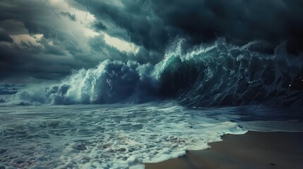 biblical deluge massive tidal wave crashing onto shore apocalyptic atmosphere