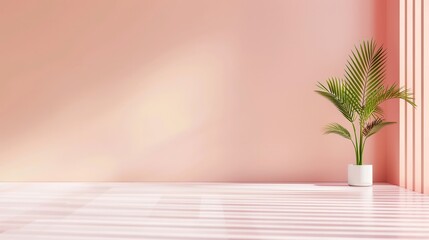 Poster - Minimalist Pink Room with Palm Tree and Sunlight.