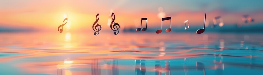 Wall Mural - Music Notes Floating on Water at Sunset.