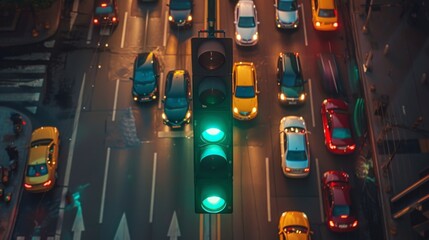 Aufkleber - A traffic light changing to green with cars moving forward in different lanes.