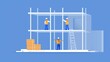 © Alpha - Detailed layout plans being implemented on-site, workers erecting steel frameworks, highlighting the careful planning and execution in construction, flat design illustration