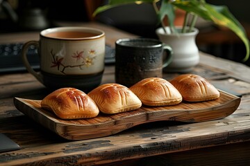 A wooden tray with four pastries: two croissants and two muffins.