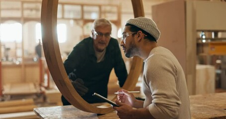 Canvas Print - Man, carpenter and inspection with tablet for project, furniture or building wood at warehouse or workshop. Business people, handyman or team discussing, checking structure or repair with technology