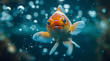 A fish with orange fins and a blue spot on its head. The fish is swimming in a tank. Exotic fantasy fish