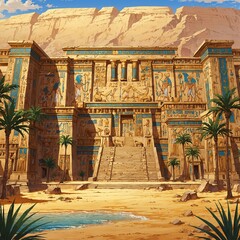 Wall Mural - Ancient Egyptian palace, with golden decorations and murals, set against a backdrop of the desert and the Nile River.