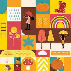 Sticker - Autumn landscape background with geometric style.Editable vector illustration for postcard,a4 square size