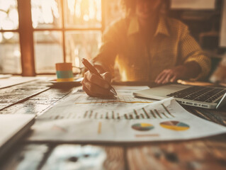 Cinematic Artsy home studio, a woman working on laptop, writing on paper, coffee mug on a desk with a stunning  golden hour view through the window in sunset light, close-up shot of home studio table