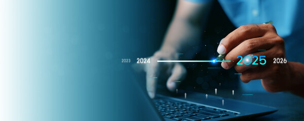 Wall Mural - countdown to 2025 concept. the taps a virtual download bar with a loading progress meter on new year