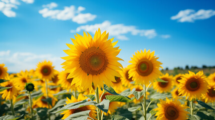 Wall Mural - Sunflower field with cloudy blue sky