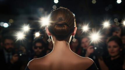 Wall Mural - A photograph of a woman with a sleek bun, elegant earrings, viewed from the back, surrounded by paparazzi flashing cameras