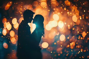 A romantic couple embraces tenderly, their silhouettes illuminated by dreamy bokeh lights in the background. Ideal for greeting cards, advertisements, and romantic content.