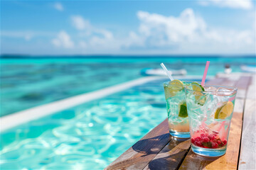 Clear cocktail cups, beach, play, recreation, and vacation on the beach table of tropical resort