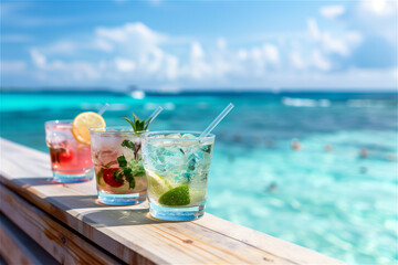 Clear cocktail cups, beach, play, recreation, and vacation on the beach table of tropical resort