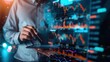 © elimicel - Businessman holding stock tablet and market economy graph statistic showing growth of profit .AI generative image