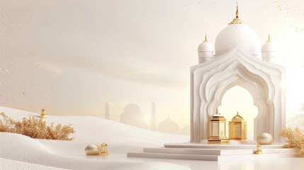 Wall Mural - Ramadan elegant white and golden luxury ornamental background with decorative lantern - Arabic islamic Background